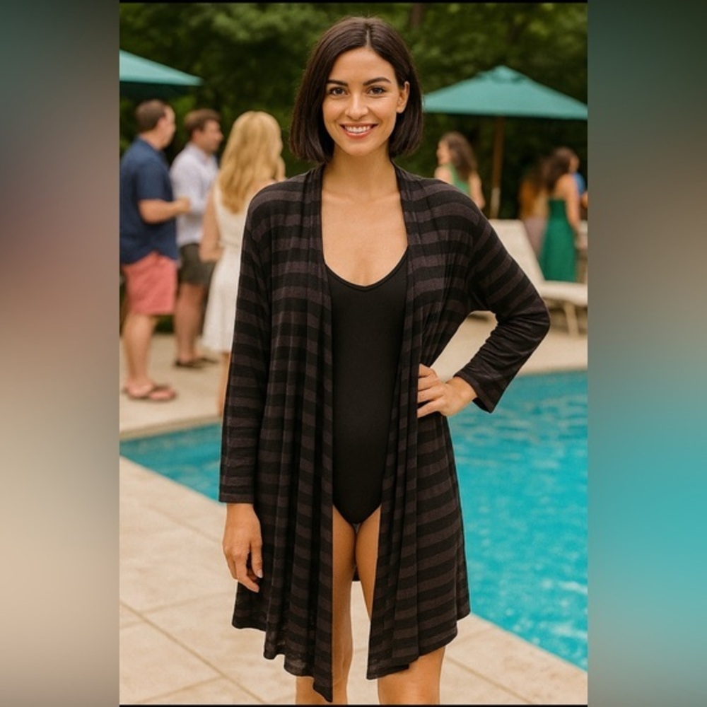 ✅Simons Contemporaine coverup/cardigan w/waterfall fabric front, sheer/striped 🖤